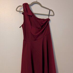 Burgundy One shoulder dress with pockets and bow detailing
